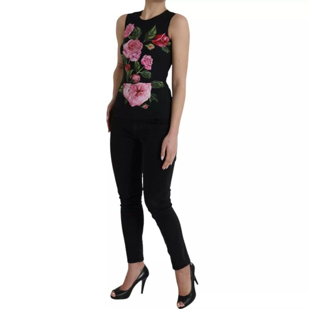 Dolce & Gabbana Black Floral Viscose Round Neck Tank Women's Top - Picture 2 of 6